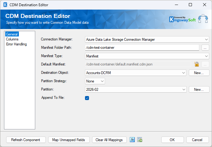 CDM Destination General page showing complete configuration.